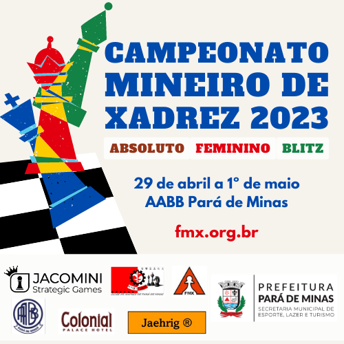 29/04 a 01/05/2023 – Campeonato Mineiro Clássico de Xadrez – Absoluto,  Feminino e Blitz (Pará de Minas/MG) – FMX
