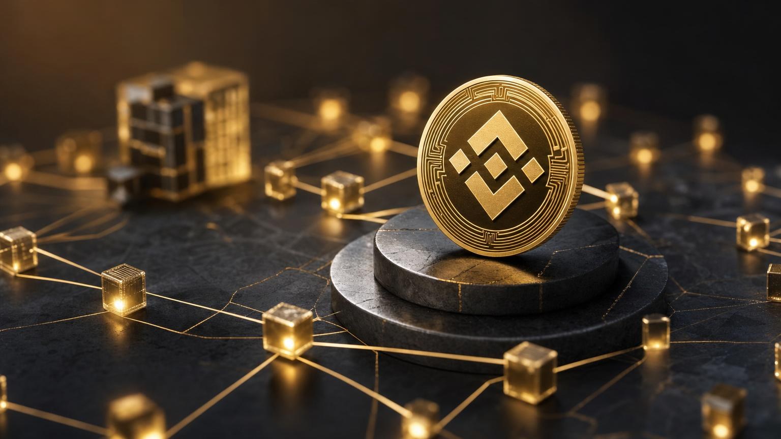 Representação da BNB circulando entre carteira, aplicações descentralizadas, validadores e diferentes redes da ecossistema BNB Chain
